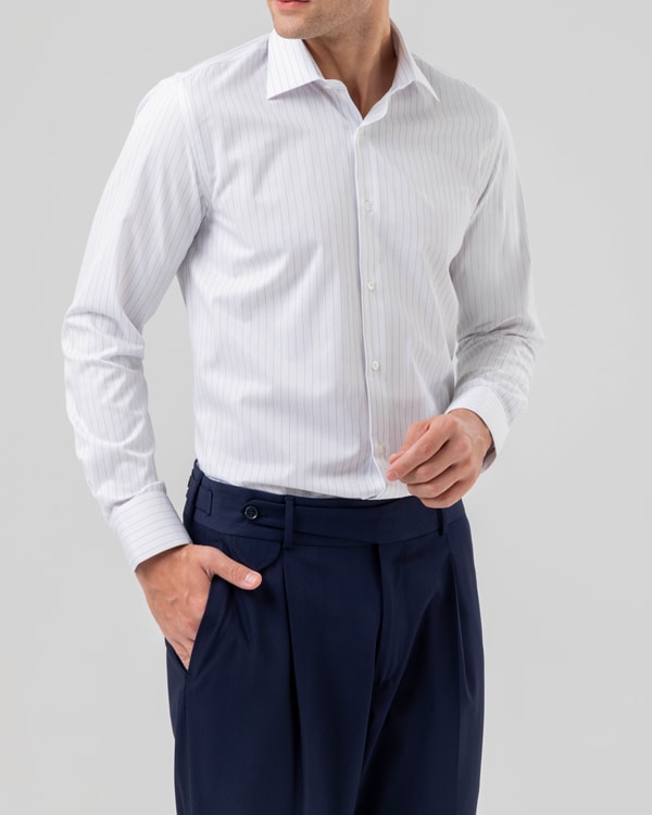 Slim fit max yaka çizgili erkek gömlek saks T20165-22