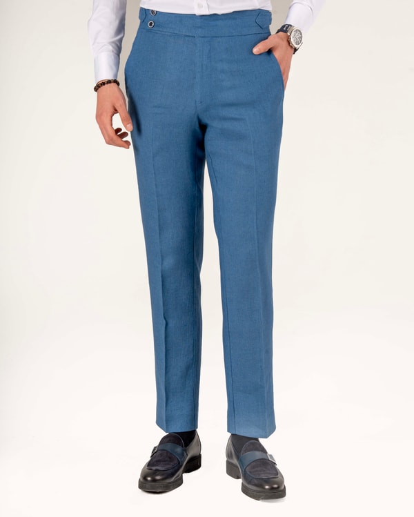İtalyan stil slim fit keten karışımlı erkek pantolon indigo T13795