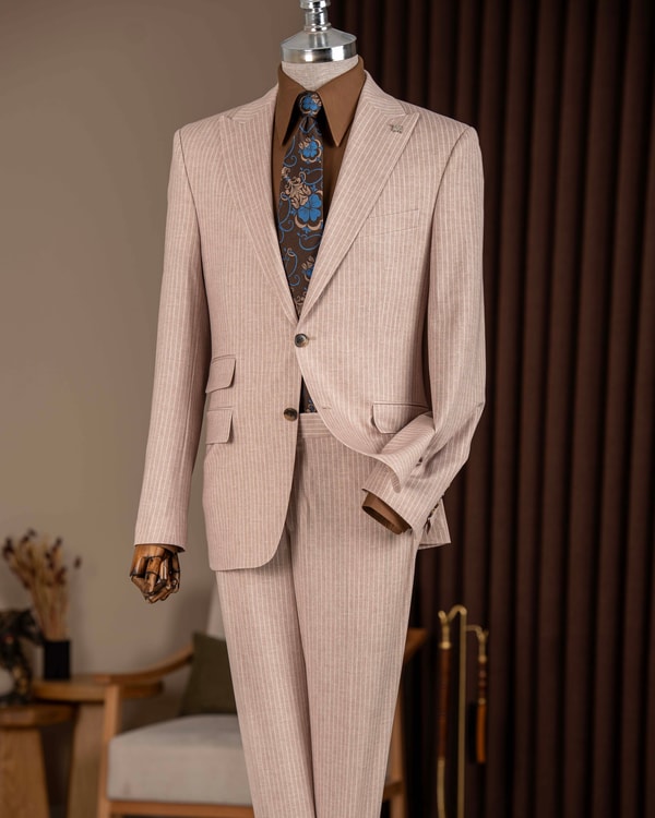 Slim fit erkek sivri yaka çizgili ceket pantolon takım elbise camel T20114-11