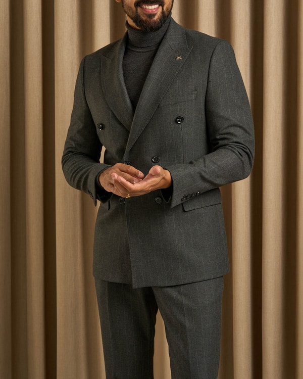 Slim fit kruvaze sivri yaka kapak cep çizgili erkek takım elbise antrasit T20187-08
