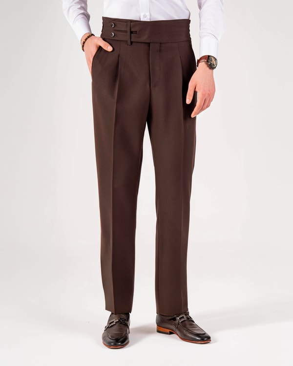 İtalyan stil slim fit erkek bel detaylı tokalı pantolon kahverengi T20037-03