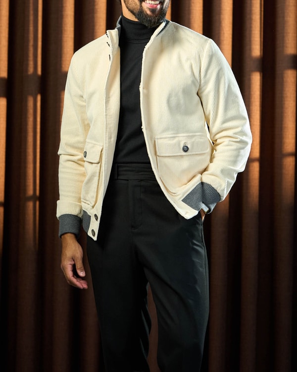Slim fit kapaklı torba cepli düğmeli pamuk karışımlı kadife ribanalı mont ekru T20293-05