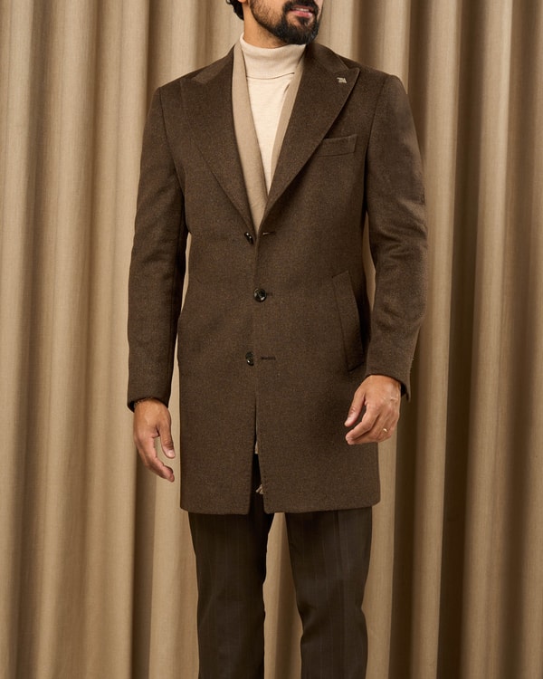 Slim fit sivri yaka yandan cepli kaşe erkek kaban kahverengi T20212-03