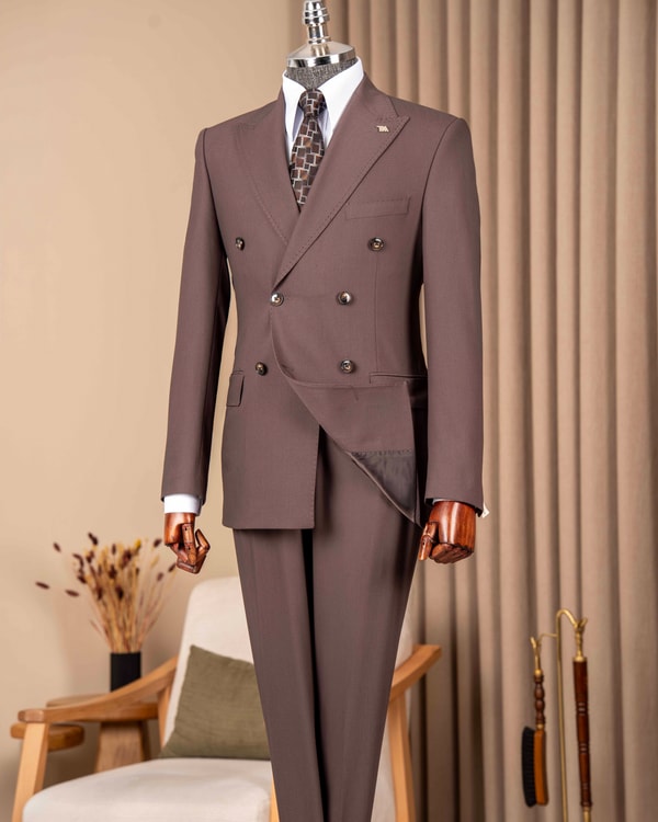 Slim fit erkek sivri yaka kruvaze ceket pantolon takım elbise A.kahve T20139-31