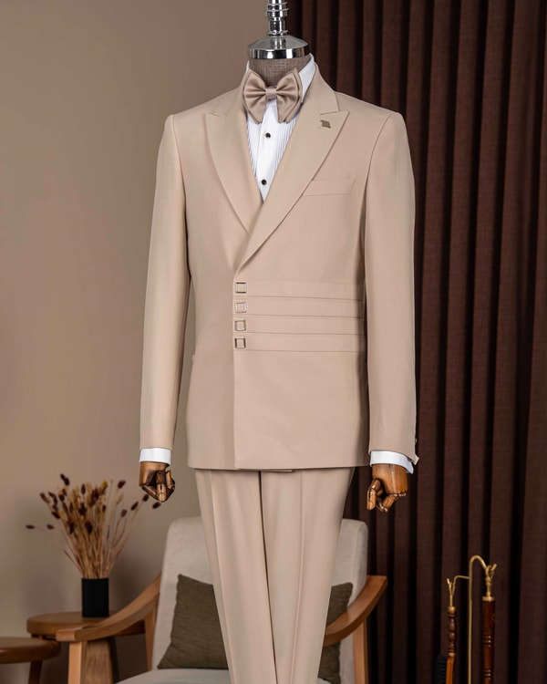 Slim fit erkek sivri yaka şerit detaylı ceket pantolon takım elbise bej T20146-09