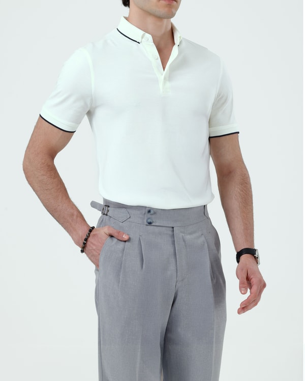 İtalyan stil slim fit erkek polo yaka kısa kollu triko tişört beyaz T20041-07