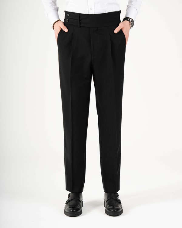 İtalyan stil slim fit erkek bel detaylı tokalı pantolon siyah T20037-01