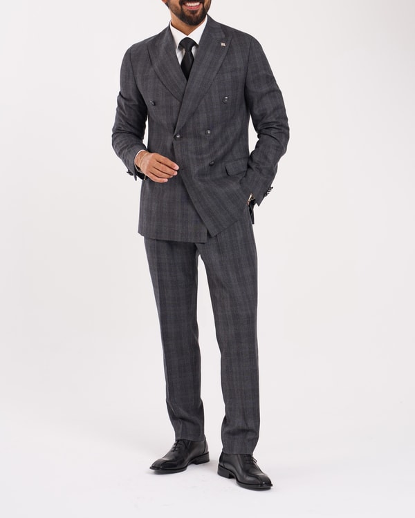 Slim fit kruvaze sivri yaka ekoseli yünlü erkek takım elbise antrasit T20325-08