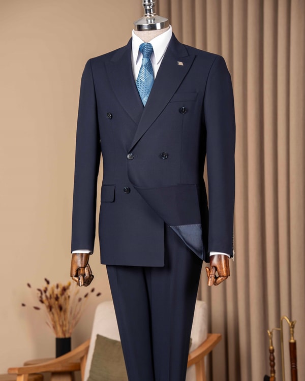 Slim fit erkek kruvaze sivri yaka ceket pantolon takım elbise lacivert T20172-02