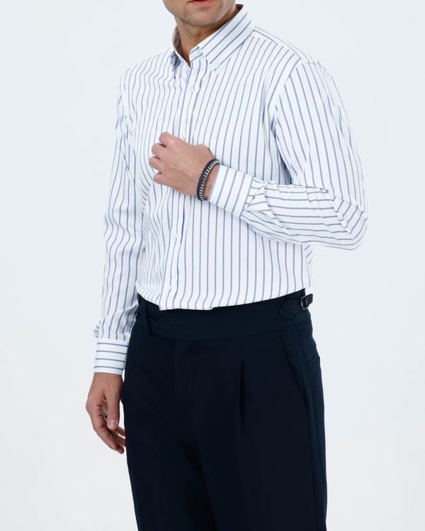 Slim fit erkek çizgili likralı kravat yaka gömlek buzmavi T20059-14