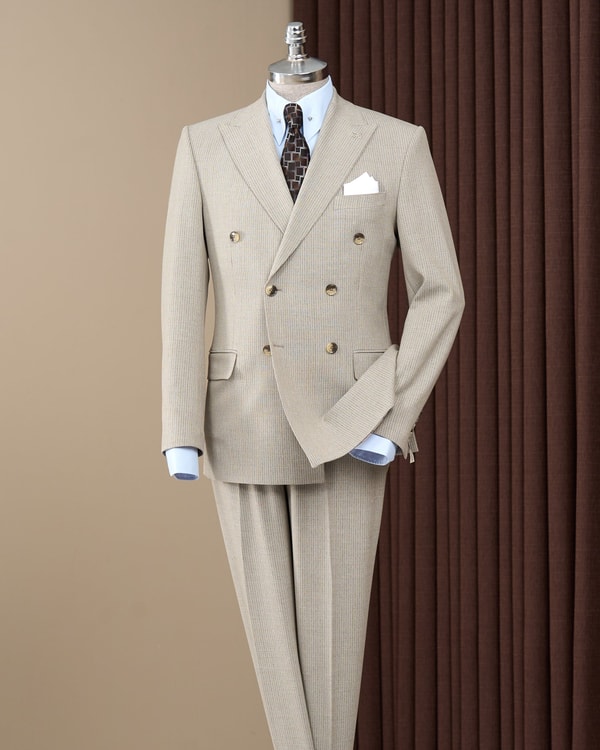 Slim fit kruvaze sivri yaka kapak cep çizgili erkek takım elbise bej T20205-09