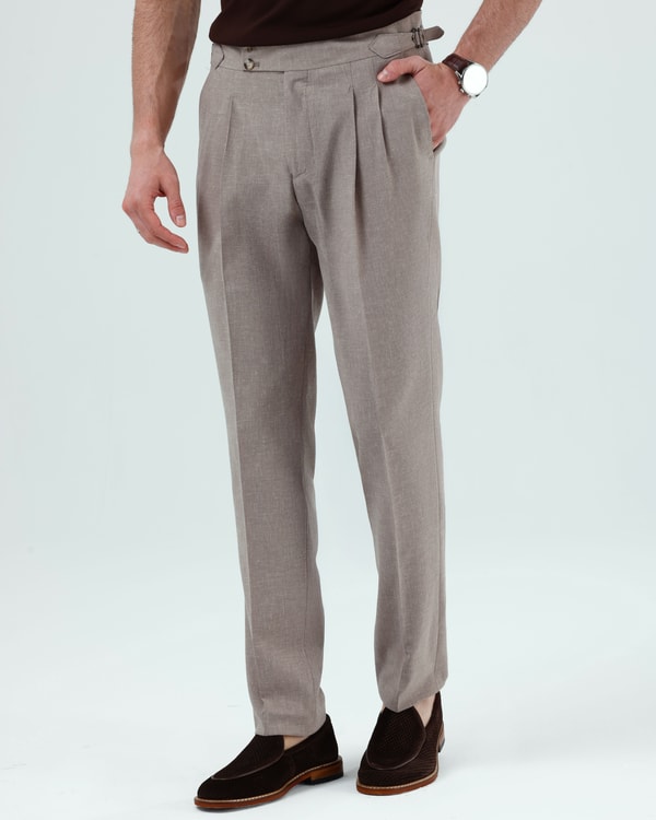 Slim fit erkek ayarlanabilir tokalı pileli pantalon kahverengi T20129-03