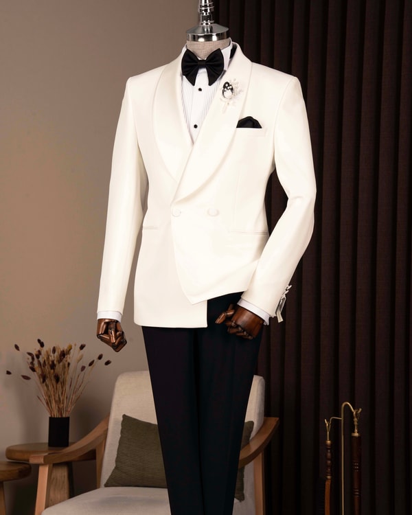 Slim fit erkek kruvaze şal yaka ceket pantolon damatlık set beyaz T20071-07