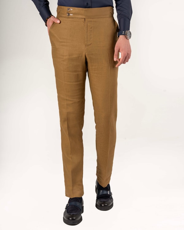 İtalyan stil slim fit %100 pamuk bel detaylı erkek pantolon camel T12669