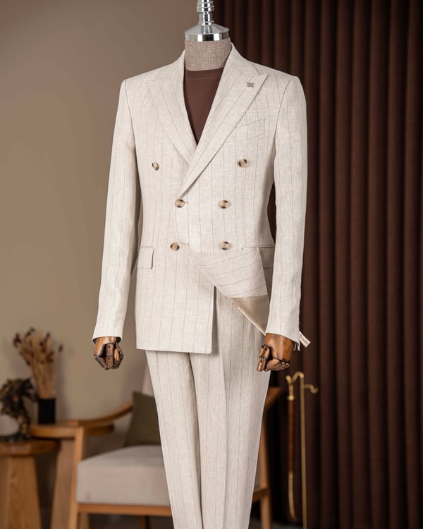 Slim fit erkek kruvaze sivri yaka çizgili keten ceket pantolon takım elbise bej T20100-09
