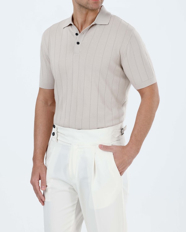 İtalyan stil slim fit polo yaka triko tişört taş T13776