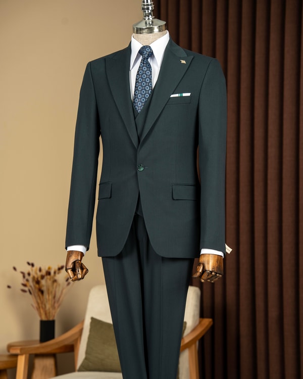 Slim fit erkek sivri yaka ceket yelek pantolon takım elbise yeşil T20125-28