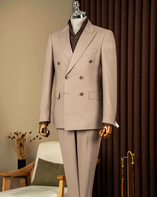 Slim fit erkek kruvaze sivri yaka ceket pantolon takım elbise bej T20172-09