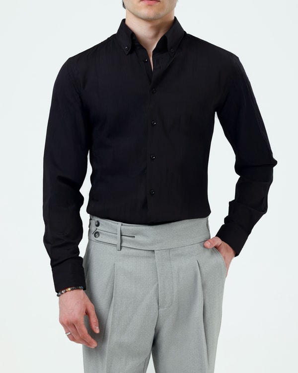 İtalyan stil slim fit düğme yaka erkek gömlek siyah T11784