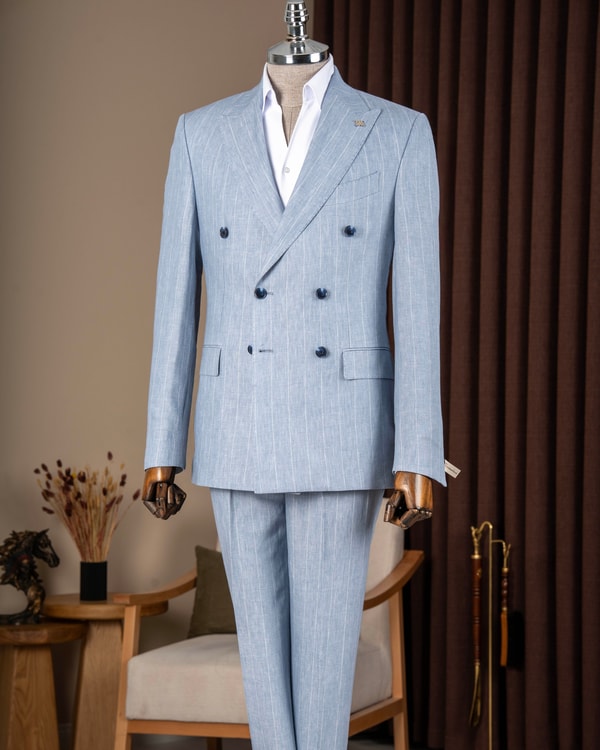 Slim fit erkek kruvaze sivri yaka çizgili keten ceket pantolon takım elbise mavi T20100-19
