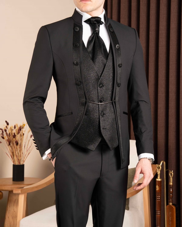 Slim fit erkek hakim yaka ceket yelek pantolon damatlık set siyah T20078-01