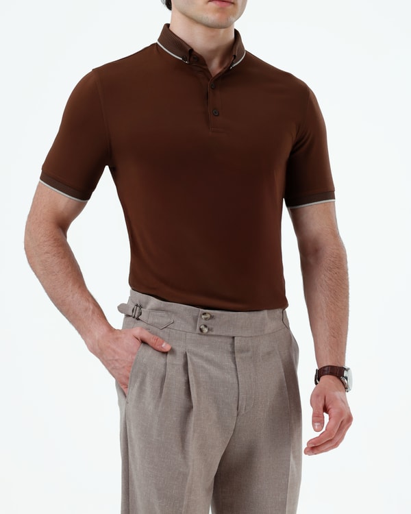 İtalyan stil slim fit erkek polo yaka kısa kollu triko tişört taba T20041-24