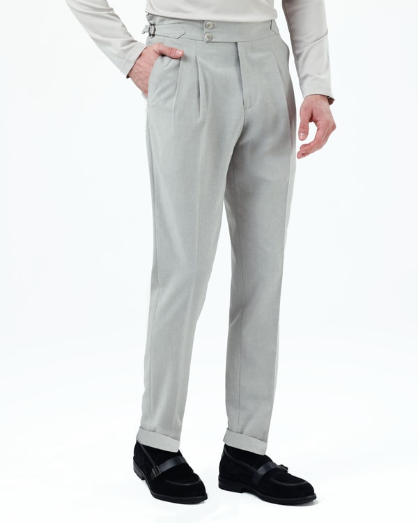 Slim fit erkek ayarlanabilir tokalı pileli keten karışım pantolon mint yeşili T20129-32