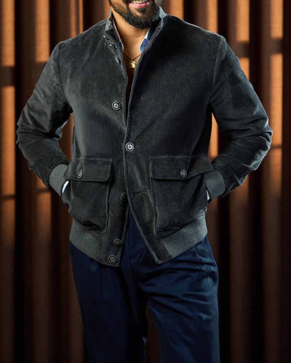 Slim fit kapaklı torba cepli düğmeli pamuk karışımlı kadife ribanalı mont antrasit T20293-08