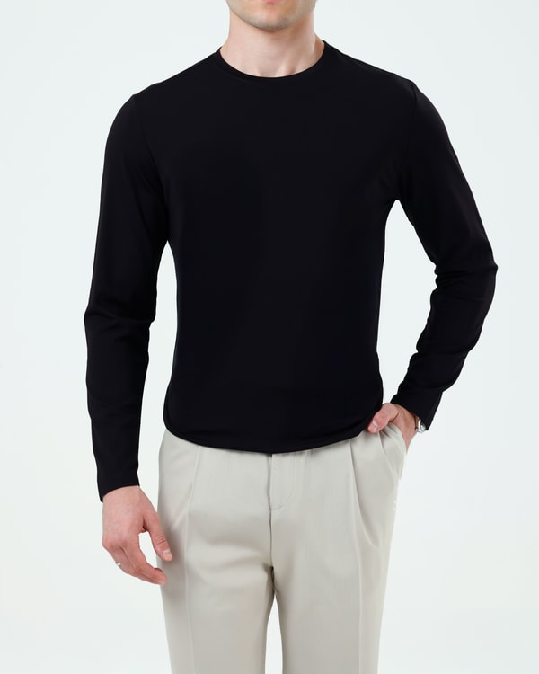 İtalyan stil slim fit bisiklet yaka uzun kollu triko tişört siyah T14947