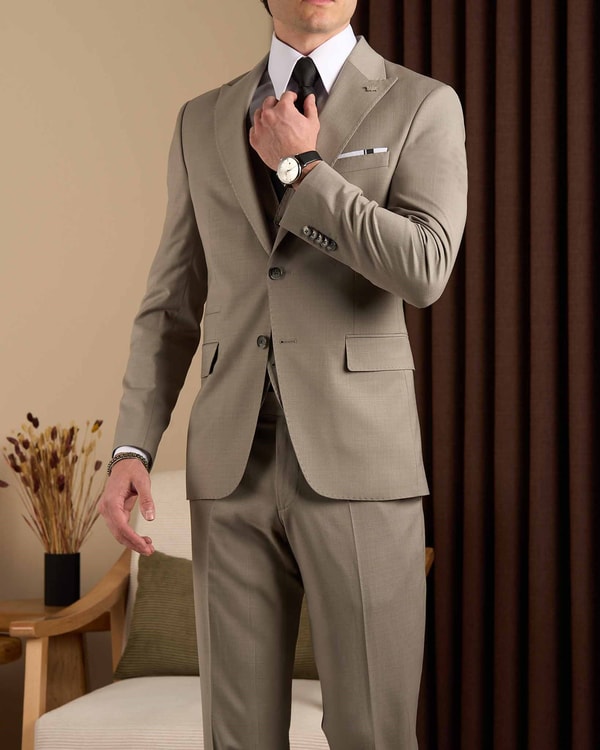 Slim fit erkek sivri yaka çizgili ceket yelek pantalon takım elbise gri T20116-04