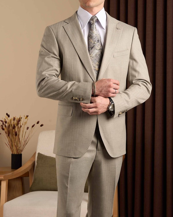 Regular fit erkek mono yaka ceket pantolon takım elbise vizon T20156-26