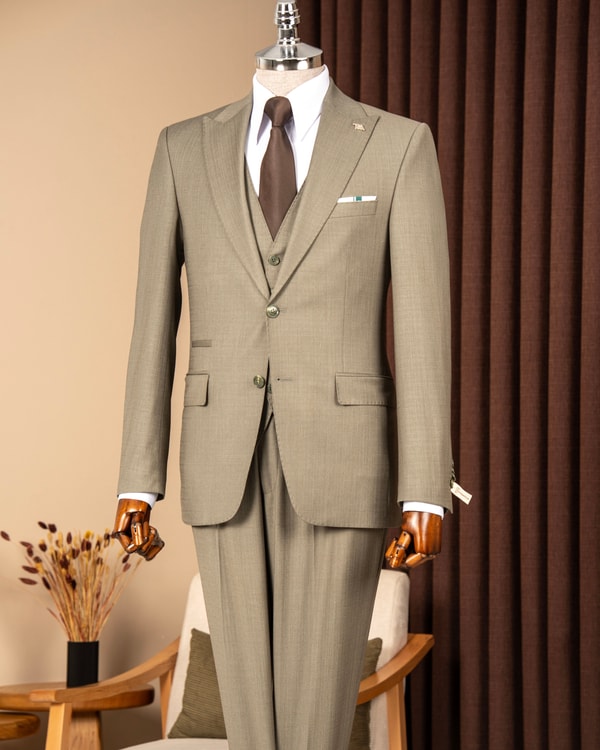 Slim fit erkek sivri yaka çift taraflı ceket yelek pantolon takım elbise haki T20116-06