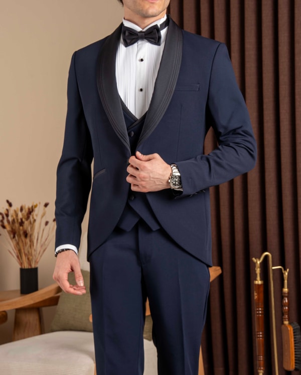 Slim fit erkek şal yaka ceket yelek pantolon damatlık set lacivert T20069-02