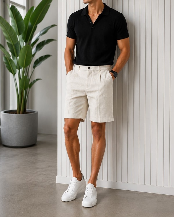 İtalyan stil slim fit erkek gofre çizgili kumaş klasik şort bej T20094-09
