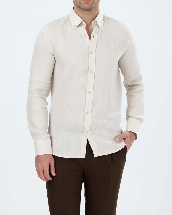 İtalyan stil slim fit erkek dik yaka keten gömlek bej T20057-09