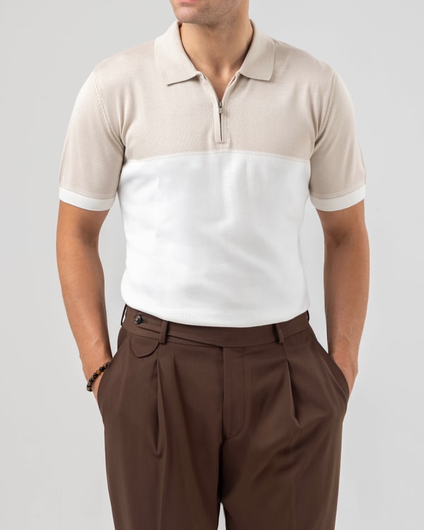 İtalyan stil slim fit polo yaka triko tişört bej T14437