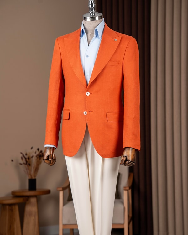 Slim fit erkek sivri yaka keten tek ceket turuncu T20157-35