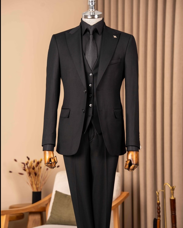 Slim fit erkek sivri yaka ceket yelek pantolon kombin takım elbise siyah T20154-01