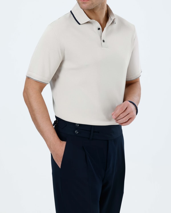 İtalyan stil slim fit erkek polo yaka kısa kollu triko tişört bej T20032-09