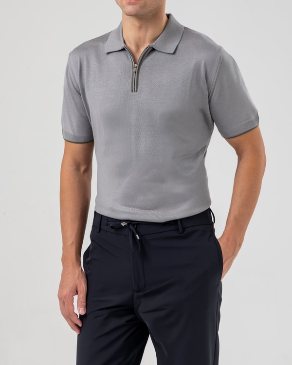İtalyan stil slim fit polo yaka triko tişört gri T14447