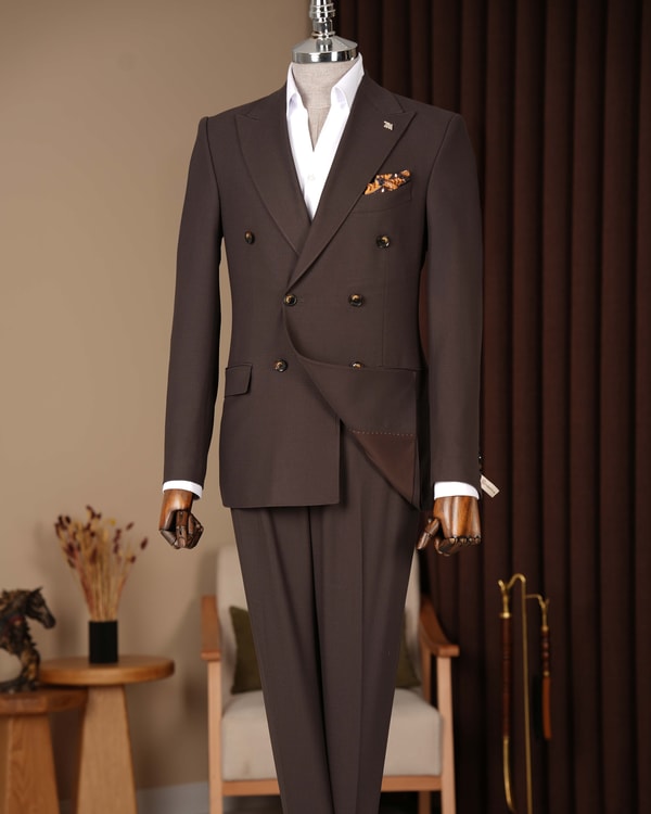 Slim fit erkek kruvaze sivri yaka ceket pantolon takım elbise kahverengi T20097-03