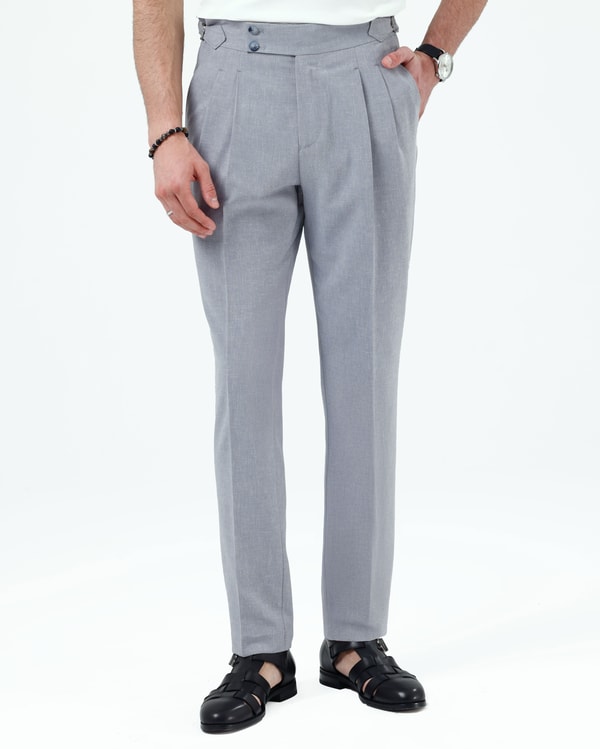 Slim fit erkek ayarlanabilir tokalı pileli keten karışım pantolon buz mavi T20129-14