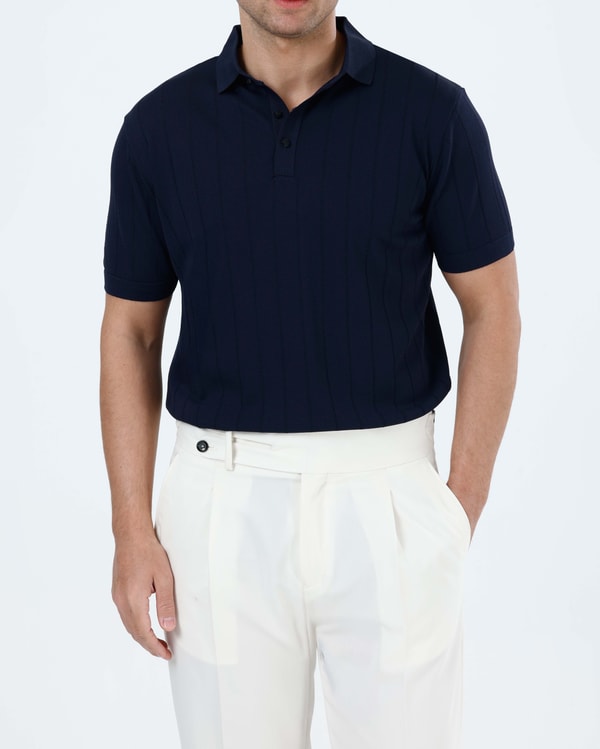İtalyan stil slim fit polo yaka triko tişört lacivert T13775