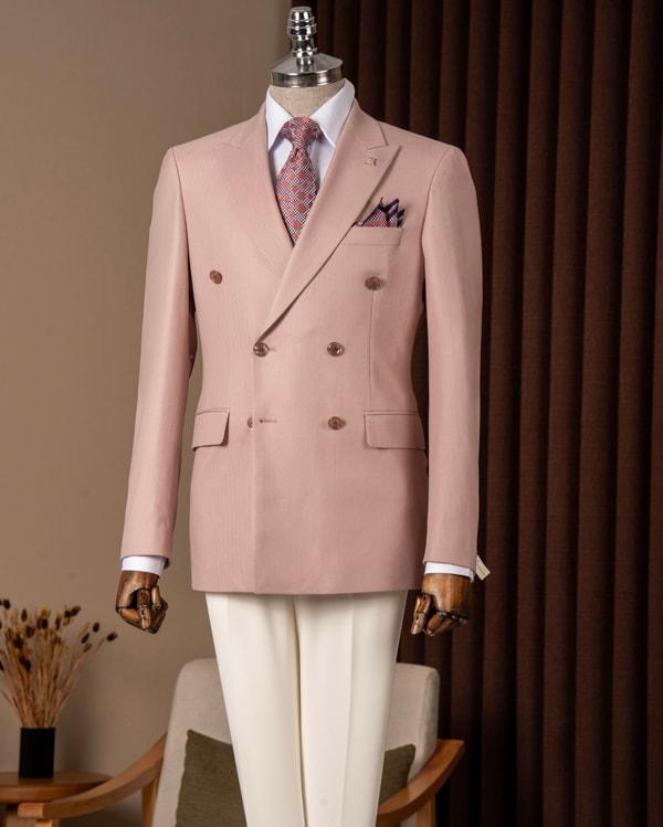 Slim fit erkek sivri yaka balıksırtı desenli kruvaze ceket pudra T20143-21