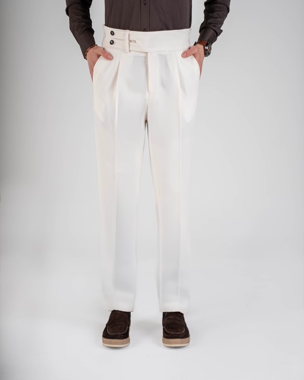 İtalyan stil slim fit erkek bel detaylı tokalı pantolon ekru T20037-05