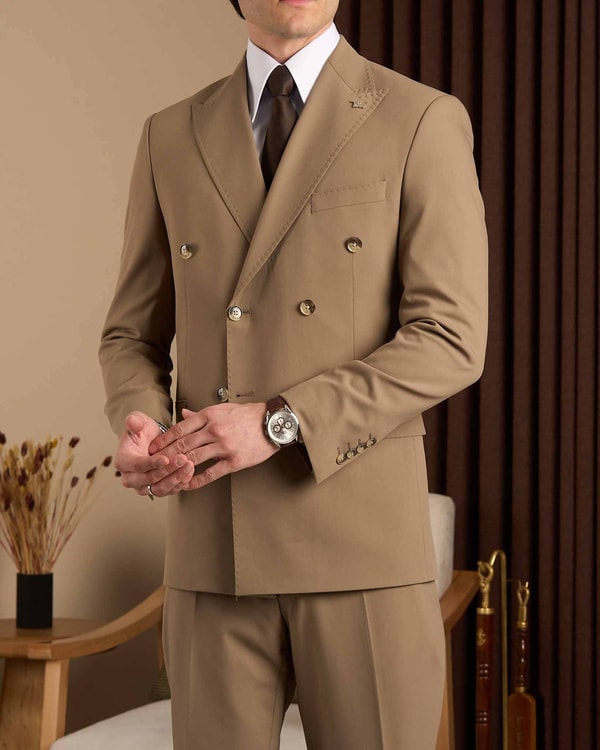 Slim fit erkek sivri yaka kruvaze ceket pantolon takım elbise haki T20139-06