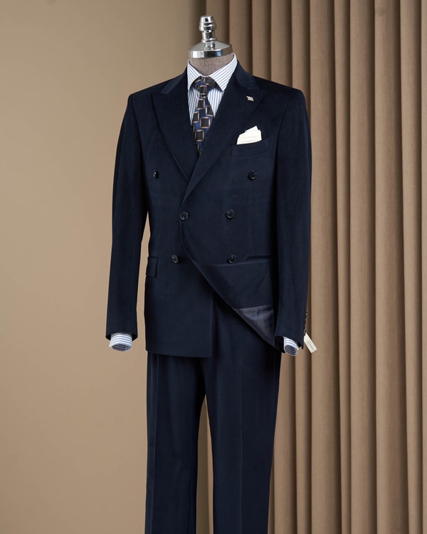 Slim fit sivri yaka kadife kalın fitilli erkek takım elbise lacivert T20179-02