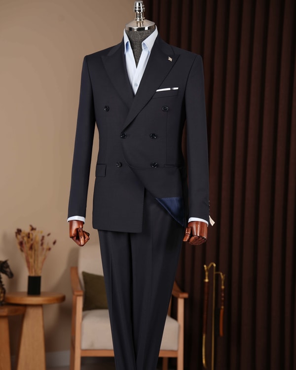 İtalyan stil slim fit kruvaze ceket pantolon takım elbise %44 yünlü lacivert T14585