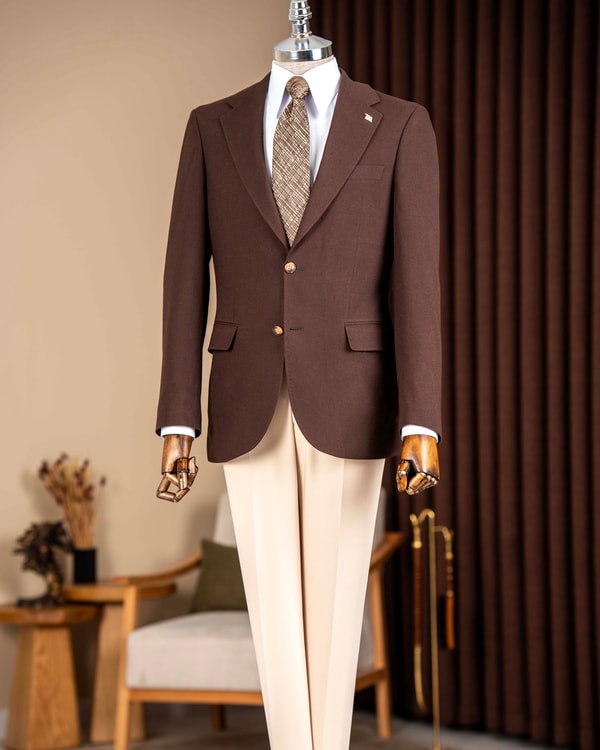Slim fit erkek mono yaka blazer ceket kahverengi T20145-03