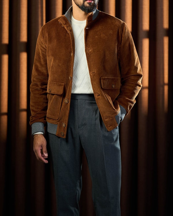 Slim fit kapaklı torba cepli düğmeli pamuk karışımlı kadife ribanalı mont kahverengi T20293-03